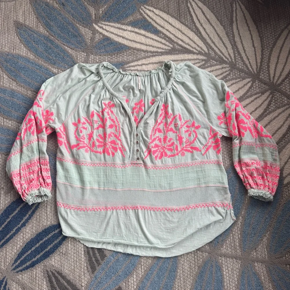 Free People Persuasion Embroidered‎ Balloon Sleeve Top Sz S Mint Green Pink Boho
